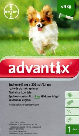 Advantix Spot-On dla psa do 4kg - roztwór przeciwko pchłom i kleszczom - 1 pipeta w opakowaniu