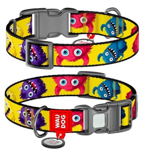Collar WauDog Nylon Obroża nylonowa z QR-paszportem, plastikowy fastex, wzór FUTRZANE POTWORY, L 25mm/33-49cm