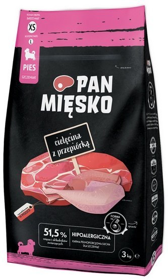 Pan Mięsko Karma sucha dla szczeniąt - cielęcina i przepiórka chrupki XS 3kg